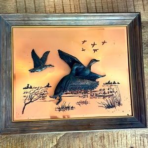 Vintage 3D Mallard Duck Wood Framed Copper Wall Art Plaque Picture 11” x 14”